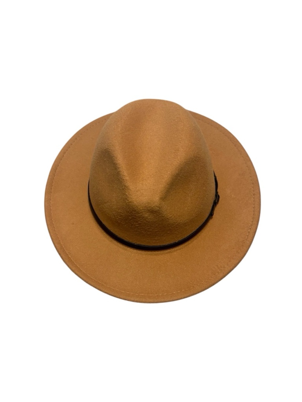 Camel Wide Brim Fedora Hat Tan Felt Panama Style with Buckle Belt Detail